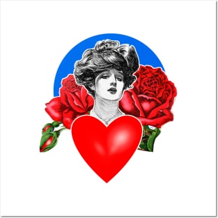 Woman face with red roses and heart. Posters and Art